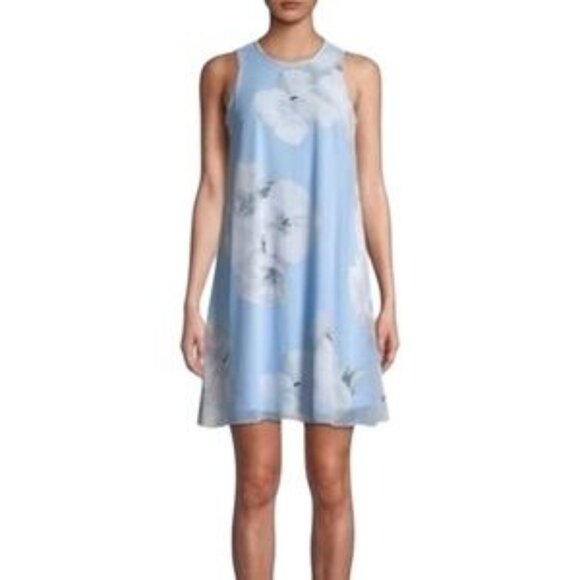 Calvin Klein Womens Sheer Floral Sleeveless Mini Dress Size 6P Blue & White - Picture 1 of 10